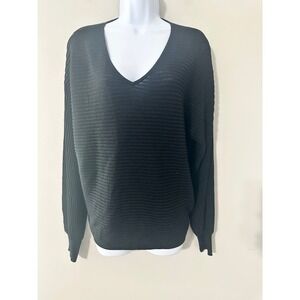 Vince Camuto Black Ribbed Knit V Neck Metallic Long Sleeve Sweater Top M